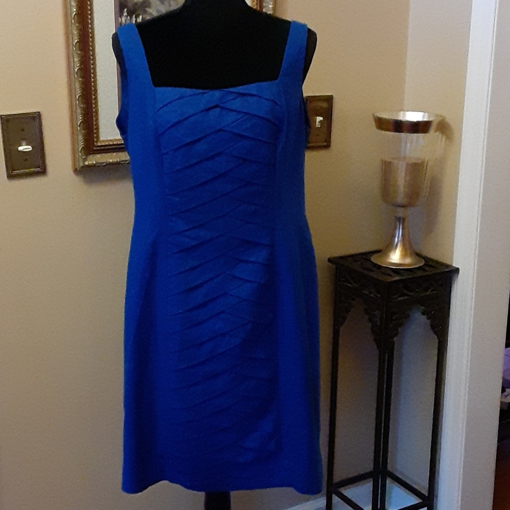 Jones Wear Dress sleeveless linen blend marine blue dress Criss-cross sz 14 NEW…